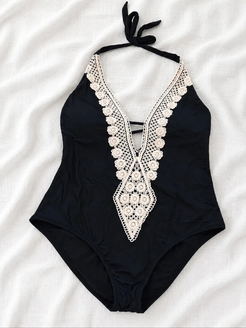 Black One-Piece Swimsuit with Cream Crochet Trim